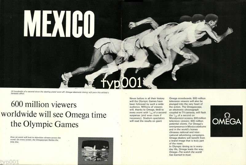 OMEGA - 1968 MEXICO OLYMPICS 600 MILLION VIEWERS WILL SEE OMEGA TIME PRINT AD