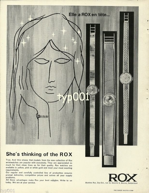 ROX- 1968 - SHE IS THINKING OF ROX VINTAGE SWISS WATCHES PRINT AD