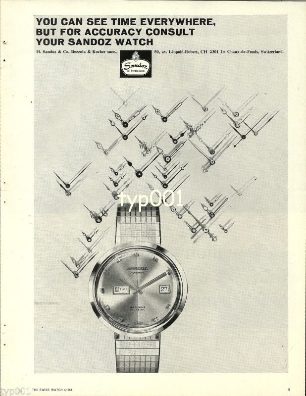 SANDOZ - 1968 - FOR ACCURACY CONSULT YOUR SANDOZ WATCH VINTAGE PRINT AD