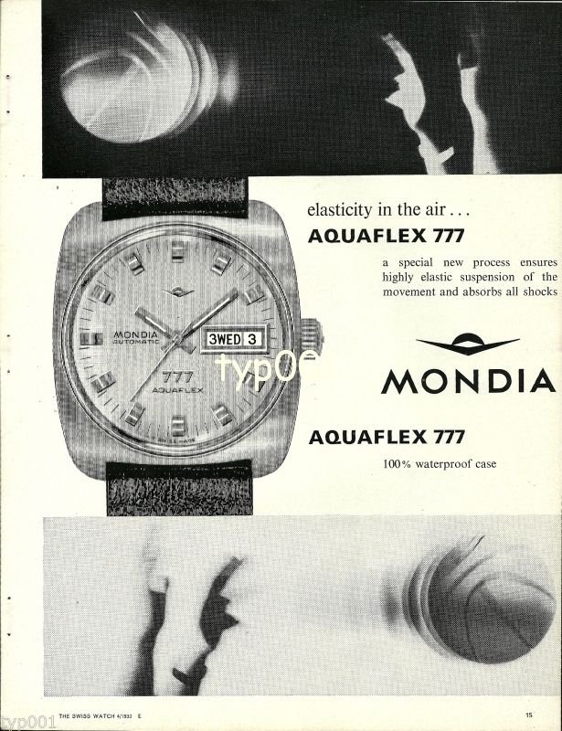 MONDIA - 1968 - ELASTICITY IN THE AIR AQUAFLEX 777 WATCH VINTAGE PRINT AD