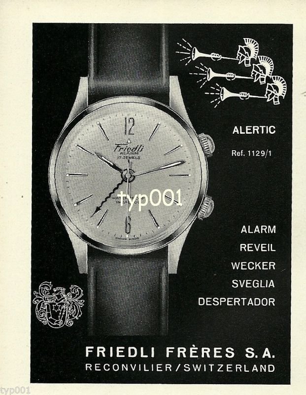 FRIEDLI FRERES SA - 1968 - ALERTIC ALARM WRISTWATCH VINTAGE PRINT AD