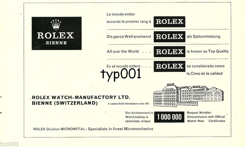 ROLEX - 1968 - ALL OVER THE WORLD ROLEX IS KNOWN AS TOP QUALITY VINTAGE PRINT AD