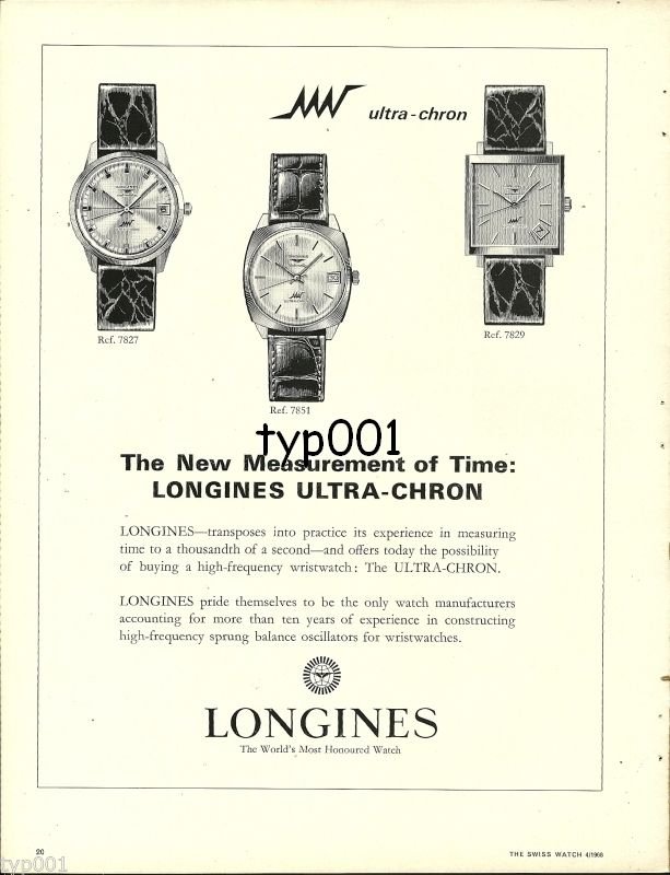 LONGINES - 1968 - NEW MEASUREMENT OF TIME ULTRA CHRON WATCH VINTAGE PRINT AD