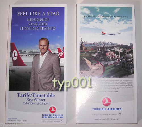 TURKISH AIRLINES - 2008-2009 WINTER SYSTEM TIMETABLE - KEVIN COSTNER ON COVER