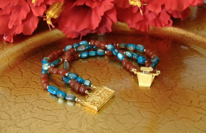 FREE SHIPPING 3 strand bracelet carnelian and mother of pearl