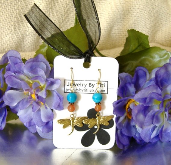FREE SHIPPING Dragon fly with turquoise and aventurine earrings