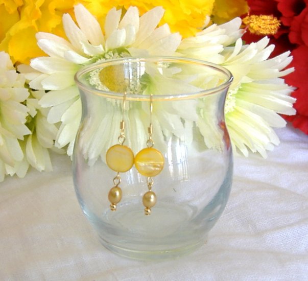 FREE SHIPPING yellow mother of pearl coin and gold fresh water pearl earrings