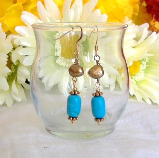 FREE SHIPPING Elegant fresh water pearl and turquois earrings