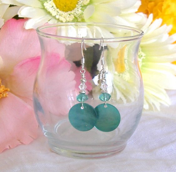 FREE SHIPPING Pretty aqua coin shell and beaded earrings