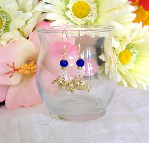 FREE SHIPPING Cobalt blue glass and bird charm earrings