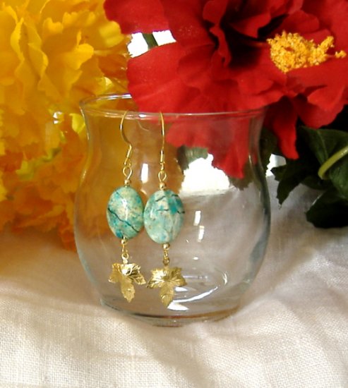 FREE SHIPPING Turquoise stone earrings with gold leaf
