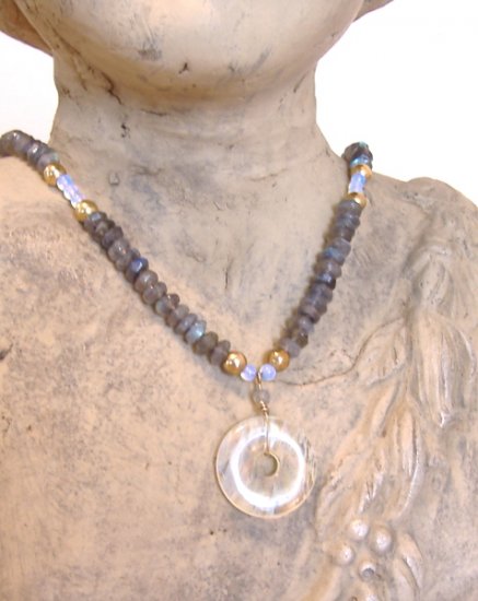 FREE SHIPPING Labradorite and pineapple quartz donut pendant necklace
