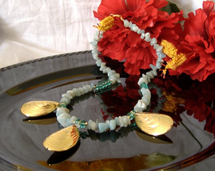 FREE SHIPPING Mermaid Goddess Golden sea shells and Amazonite necklace