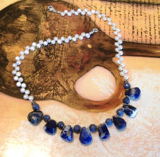 FREE SHIPPING Oh So Stunning deep blue sodalite nuggets and pearls necklace MUST SEE