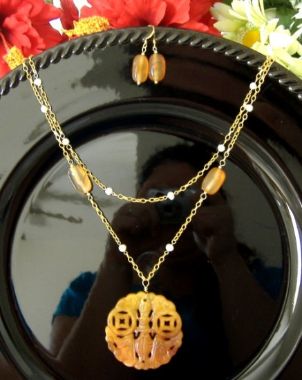 FREE SHIPPING Beautiful double strand chain necklace fresh water pearls red agate chinese symbol