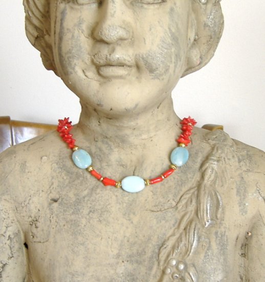 FREE SHIPPING Gorgeous red coral and amazonite necklace MUST SEE