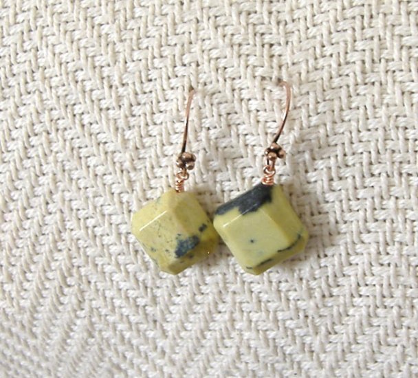 FREE SHIPPING Yellow turquoise puffy diamond shaped copper earrings vegetarian turquiose