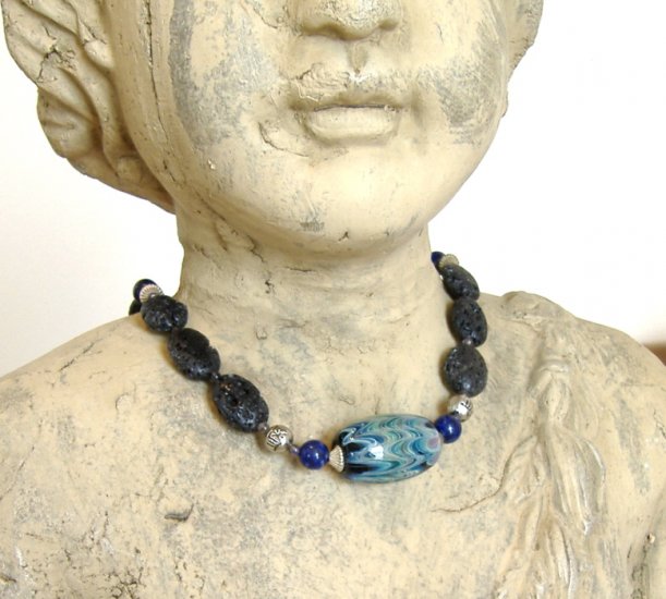FREE SHIPPING Lava and lampwork glass bead Pendant Necklace