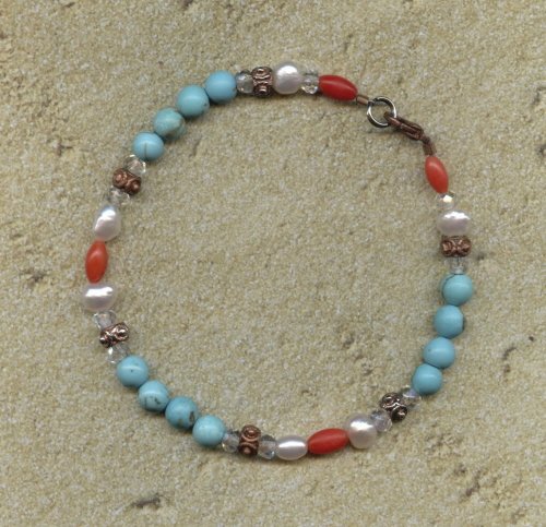 FREE SHIPPING Turquoise red coral fresh water pearl and copper bracelet