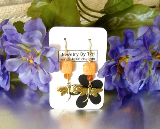 FREE SHIPPING Pretty orange turquoise and red agate dragon fly earrings
