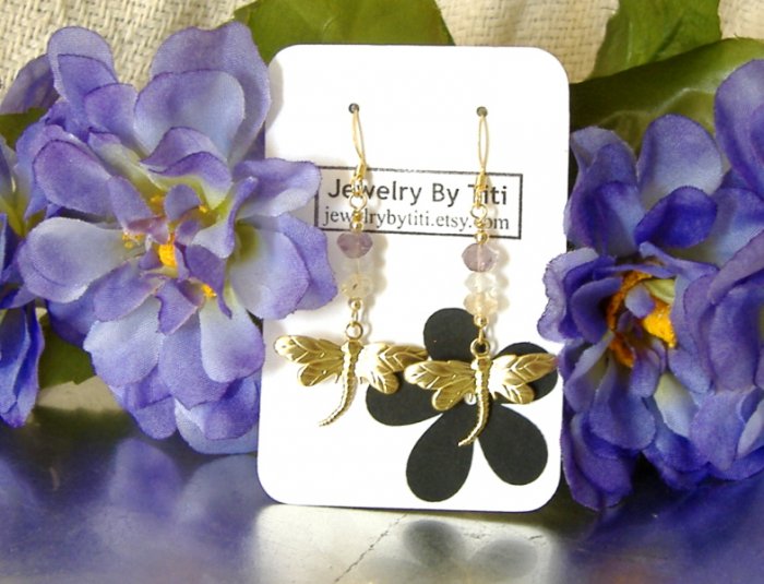 FREE SHIPPING dragonfly with tri stone earrings