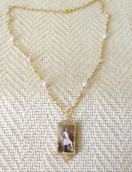 FREE SHIPPING Vintage photo on femo pendant on gold plated chain