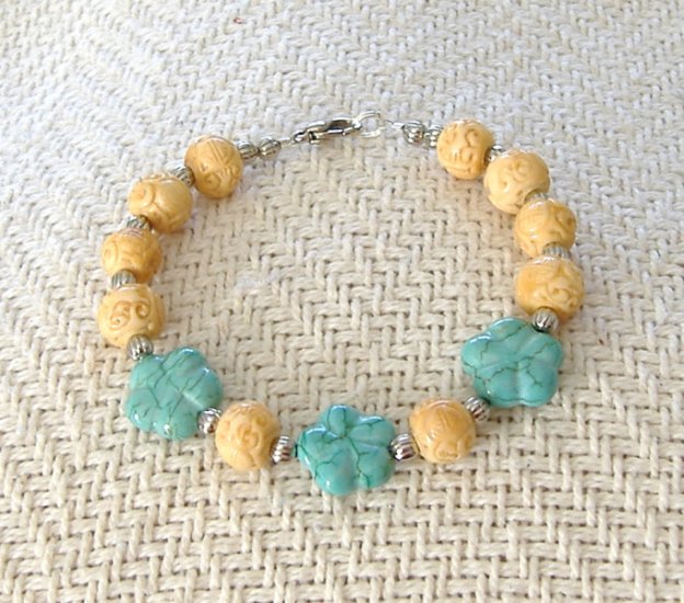 FREE SHIPPING Simply gorgeous carved bone and carved turquoise bracelet
