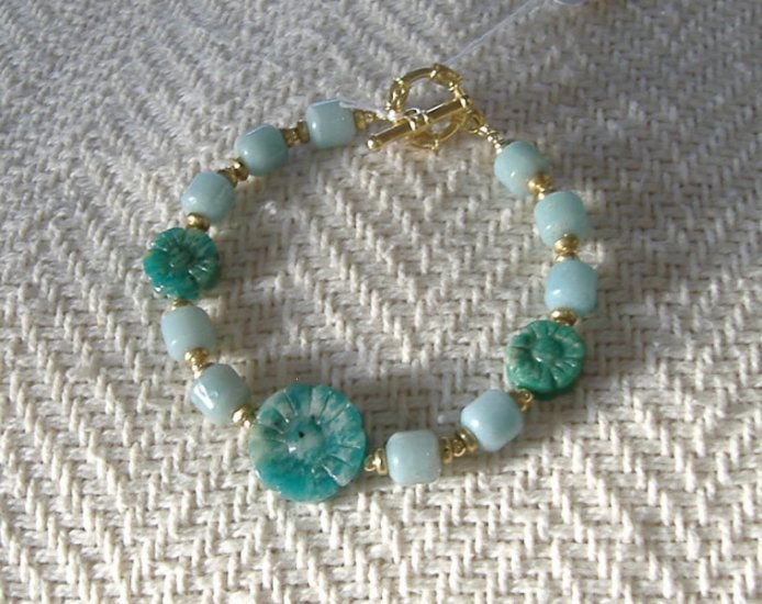 FREE SHIPPING stunning amazonite bracelet with carved flower stones