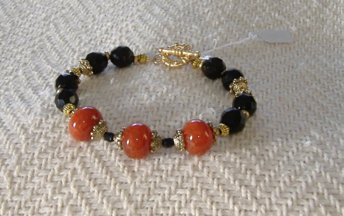 FREE SHIPPING red and black bracelet Red agates and Black glass beads