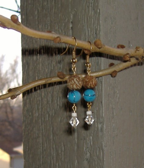 FREE SHIPPING wood and turquiose howlite earrings Nice natural look