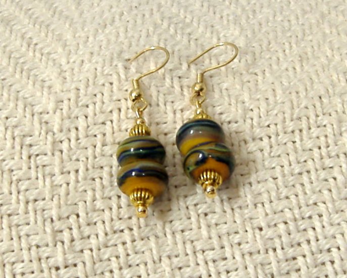 FREE SHIPPING Gorgeous yellow greens and blues lampwork glass beads earrings