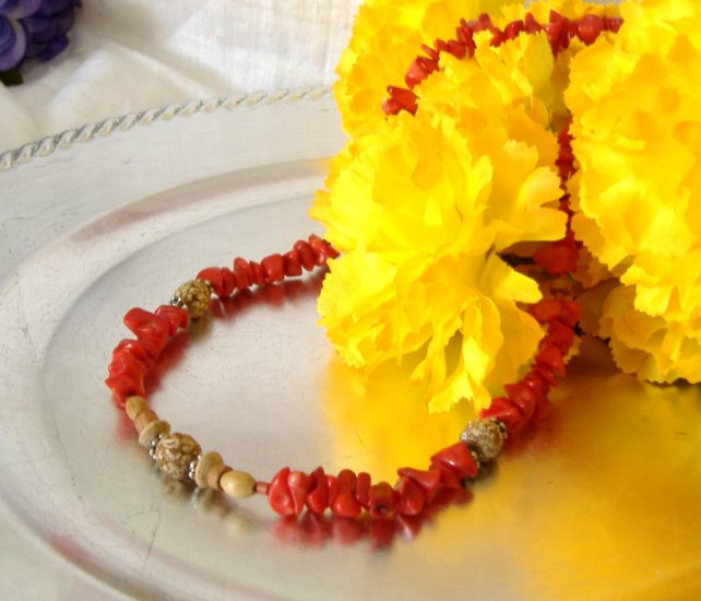 FREE SHIPPING Red coral and silver necklace with wood bead accents Pretty
