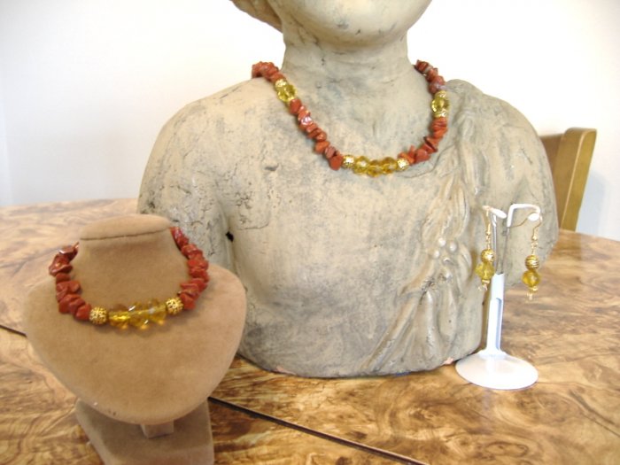 FREE SHIPPING Red jasper and citrine glass necklace bracelet earrings set