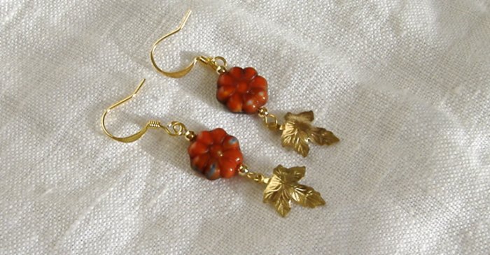 FREE SHIPPING red pressed glass flowers and gold leaf earrings