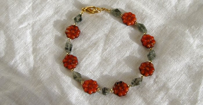 FREE SHIPPING red flowers and rutillated quartz bracelet