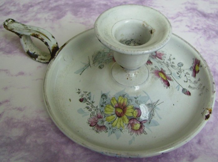 Old French Enamelware Shabby Chic Tom Thumb Candleholder