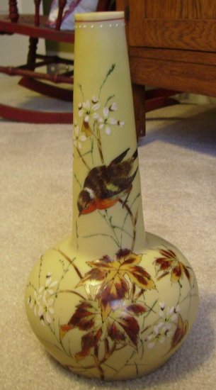 Early Victorian Bristol Satin Glass Vase with Birds