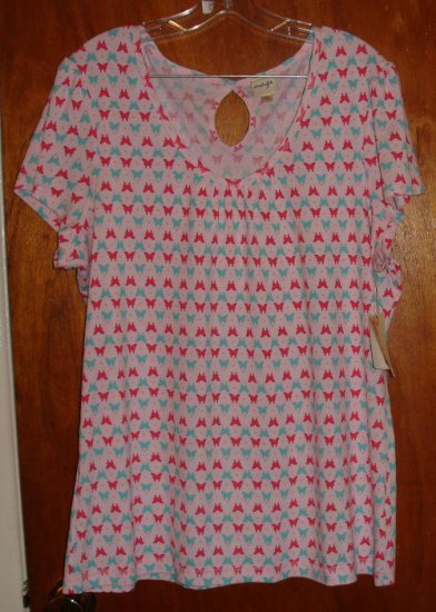 Pink Blouse With Fushia & Turquoise Butterflies 3X by Energie Scoop Neck, Short Sleeve New