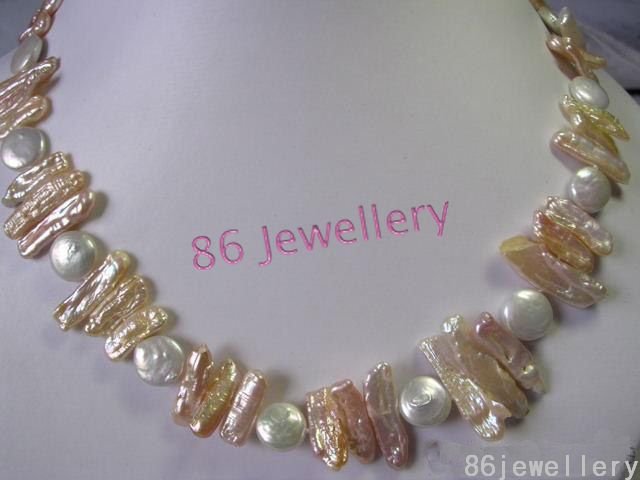 Natural biwa &coin pearls necklace ID 0805-4
