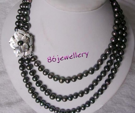 ature black pearl necklace & flower clasp ID0805-9
