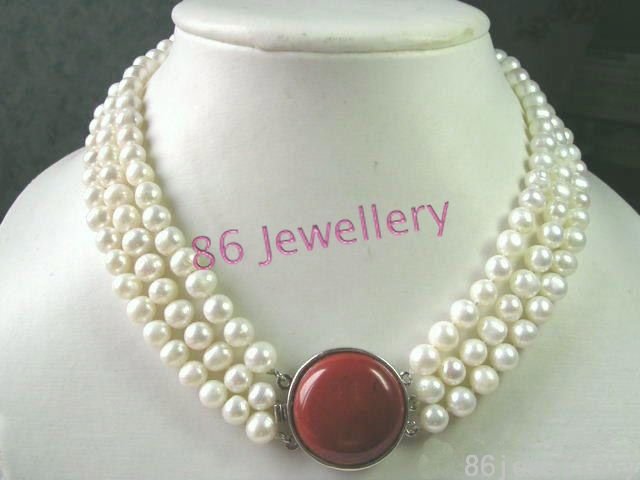 3-strand nature fresh water white pearls necklace ID0805-10