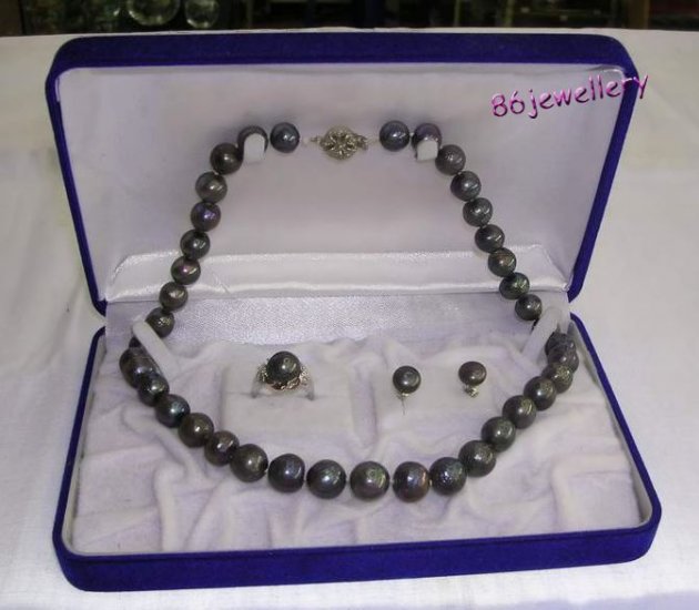 A set 10MM black pearl necklace & earring &ring ID 0805-11