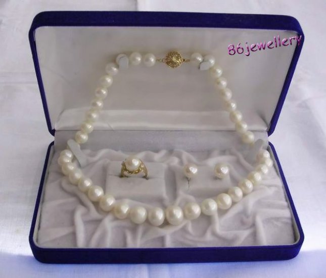 A set 10MM white pearl necklace & earring &ring ID 0805-12