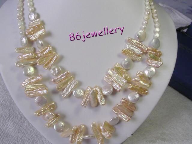 handcraft nature biwa & coin fresh water pearl necklace ID0805-26