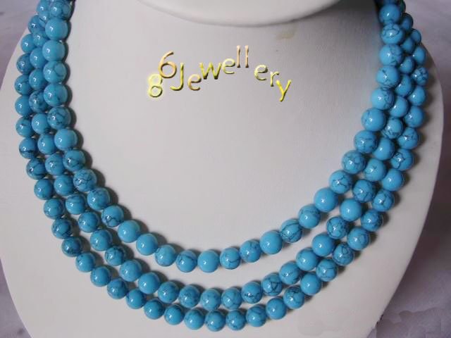 tibet 3-strands 8MM nature turquoise necklace ID0805-27