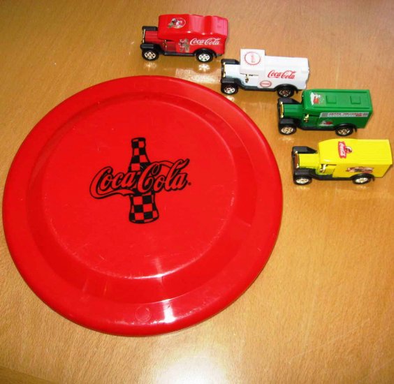 Coca Cola Coke Toys 4 Toy Trucks and a Coke advertising Frisbee