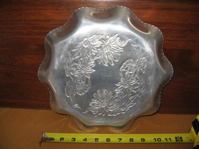 Old Metal Tray Hand Wrought Aluminum 11 inch with Flowers Farber and Shlevin