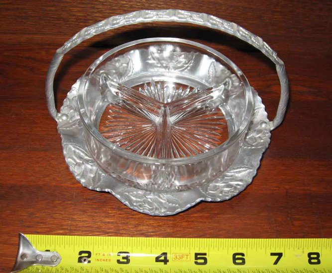 Old Hand Hammered Wrought Metal Aluminum Basket with Glass Divided Candy or Relish Dish