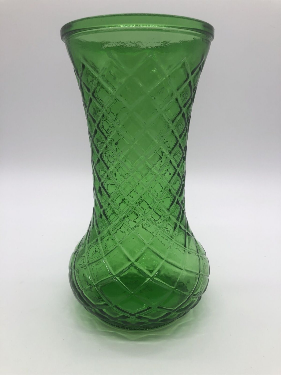 Vintage Emerald Green Hoosier Glass Vase Diamond Cut Pattern