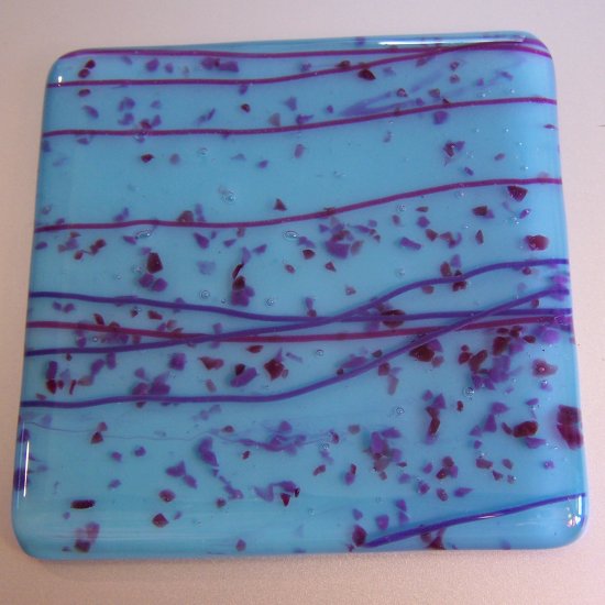 Pink Streamers on Blue: Set of 4 Fused Glass Coasters, Custom Order Option